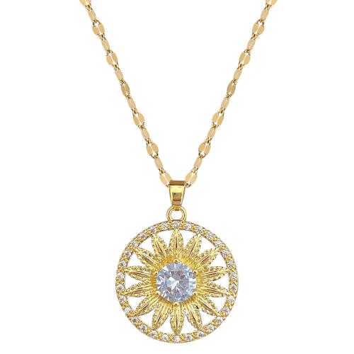 Collier en acier inoxydable Zircon, 304 chaîne en acier inoxydable, avec laiton, avec 5cm chaînes de rallonge, fleur, Placage de couleur d'or, bijoux de mode & pavé de micro zircon & pour femme cm, Vendu par PC