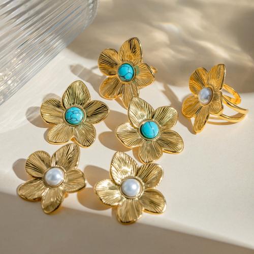 Turquoise Stainless Steel Jewelry Sets, 304 Stainless Steel, with turquoise & Plastic Pearl, Flower, plated, fashion jewelry golden 