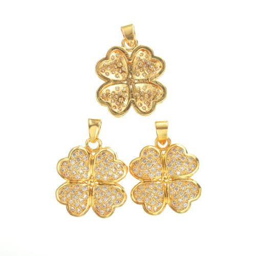 Cubic Zirconia Micro Pave Brass Pendant, Four Leaf Clover, plated & micro pave cubic zirconia, golden [