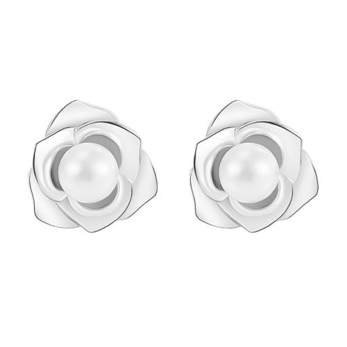 Sterling Silver Stud Earring, Argent sterling 925, avec Shell Pearl, Camelia commune, bijoux de mode & pour femme Vendu par paire[