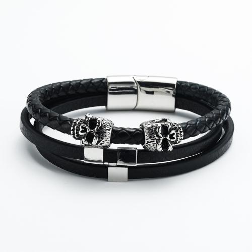 PU Leather Cord Bracelets, with 304 Stainless Steel, fashion jewelry & for man, black, 22mm, Inner Approx 65mm [