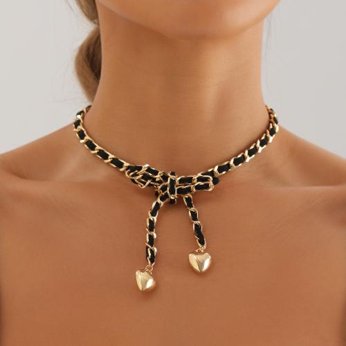 Zinc Alloy Necklace, with Velveteen, Heart, gold color plated, for woman, black 