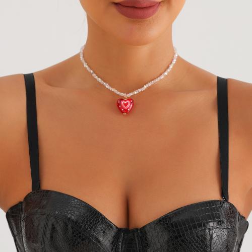 Glass Zinc Alloy Necklace, with Glass, Heart, plated, for woman, red [