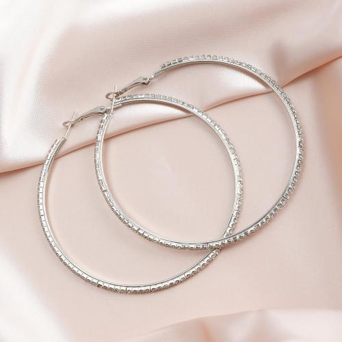 Forage d'alliage de zinc boucles d'oreilles, Rond, Placage de couleur argentée, pour femme & avec strass, Vendu par paire[