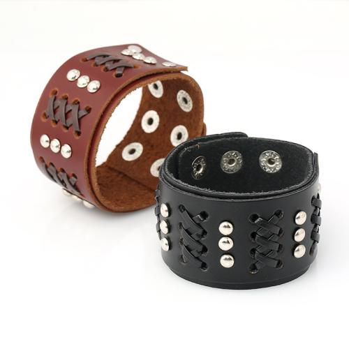 PU Leather Cord Bracelets, Cowhide, with PU Leather, handmade, fashion jewelry & with rivet stud & for man cm .5 cm 