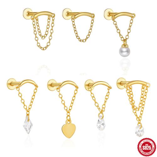 plata de ley 925 pendiente de perforación, con Perlas plásticas, diferentes estilos para la opción & micro arcilla de zirconia cúbica & para mujer, dorado, Vendido por UD