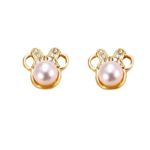 Zinc Alloy Rhinestone Stud Earring, with Plastic Pearl, plated, for woman & with rhinestone, golden [