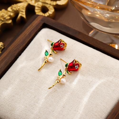 Boucles d'oreilles d'eau douce de Perle , laiton, avec perle d'eau douce cultivée, Rose, Placage de couleur d'or, pour femme & émail, rouge Vendu par paire