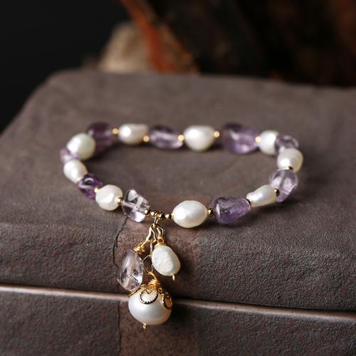 Kultivierten Süßwasser Perle Messing Armband, mit Natürliche kultivierte Süßwasserperlen & Amethyst, handgemacht, Modeschmuck & für Frau, Länge:ca. 15.5 cm, verkauft von PC[