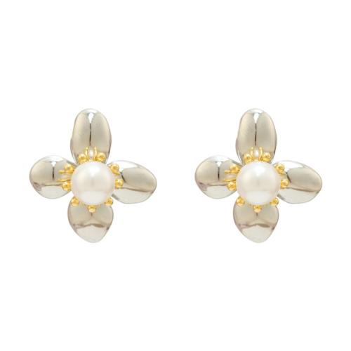 Plastic Stud Earring, Brass, with Plastic Pearl, Flower, 18K gold plated, fashion jewelry & for woman, silver color 