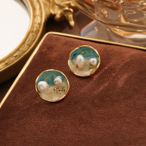 Boucles d'oreilles d'eau douce de Perle , laiton, avec perle d'eau douce cultivée, Rond, Placage de couleur d'or, pour femme & émail, couleurs mélangées Vendu par paire