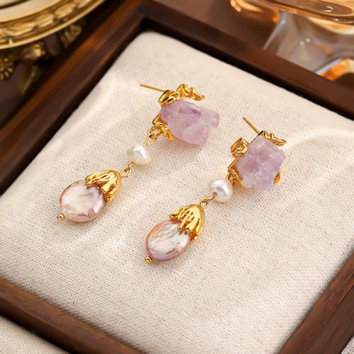 Boucles d'oreilles d'eau douce de Perle , laiton, avec perle d'eau douce cultivée & verre, Placage de couleur d'or, pour femme Vendu par paire