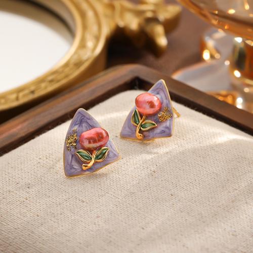 Boucles d'oreilles d'eau douce de Perle , laiton, avec perle d'eau douce cultivée, Placage de couleur d'or, pour femme & émail, couleurs mélangées Vendu par paire