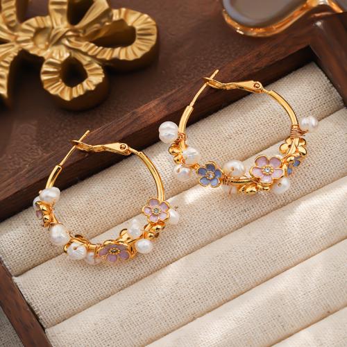 Boucles d'oreilles d'eau douce de Perle , laiton, avec perle d'eau douce cultivée, Placage de couleur d'or, pour femme & émail, couleurs mélangées Vendu par paire