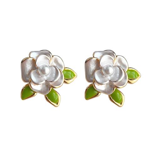 Plastic Stud Earring, Brass, with Plastic Pearl, Flower, fashion jewelry & for woman & enamel, white 