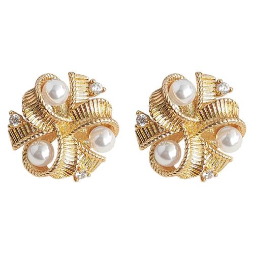 Plastic Stud Earring, Brass, with Plastic Pearl, fashion jewelry & micro pave cubic zirconia & for woman, golden 