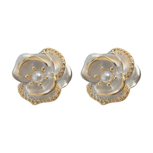 Plastic Stud Earring, Brass, with Plastic Pearl, Flower, fashion jewelry & micro pave cubic zirconia & for woman & enamel 