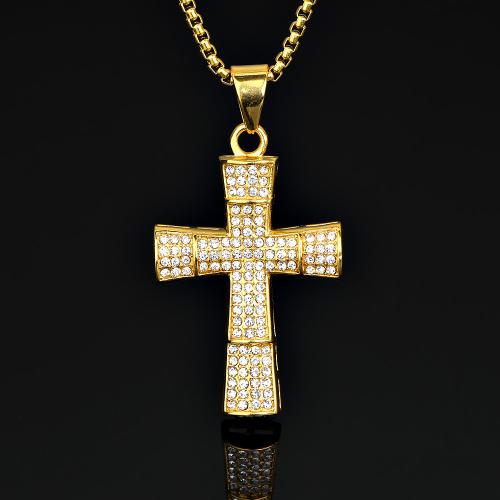 Rhinestone Stainless Steel Pendants, 316 Stainless Steel, Cross, with rhinestone, golden 