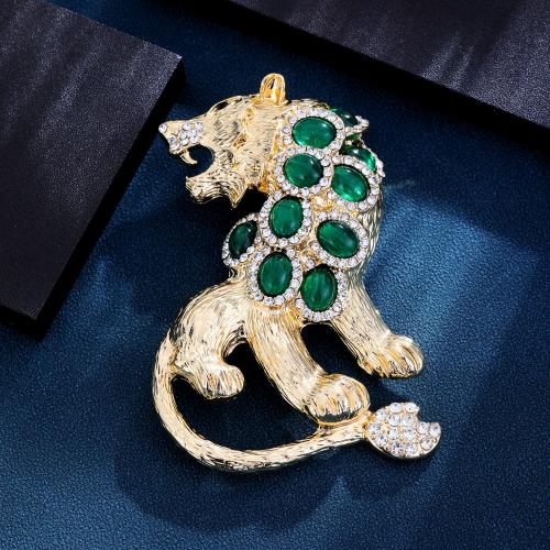 Broche de diamantes de imitación latón, metal, con Vidrio, León, chapado en color dorado, para mujer & con diamantes de imitación, verde, 55x78mm, Vendido por UD