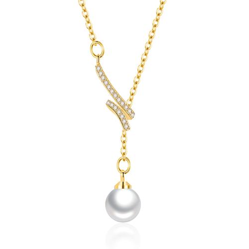 Cubic Zircon Micro Pave Brass Necklace, with Plastic Pearl, with 5CM extender chain, plated, micro pave cubic zirconia & for woman, golden Approx 40 cm [