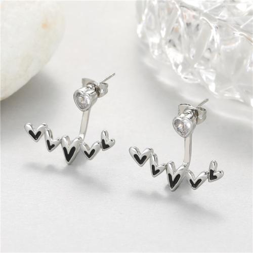 Cubic Zircon Brass Earring, with Cubic Zirconia, Heart, plated, for woman & enamel 