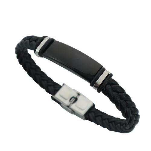 PU Leather Cord Bracelets, Titanium Steel, with PU Leather, fashion jewelry & for man, black Approx 22 cm 