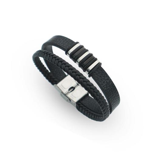 PU Leather Cord Bracelets, Titanium Steel, with PU Leather, fashion jewelry & for man Approx 22 cm 