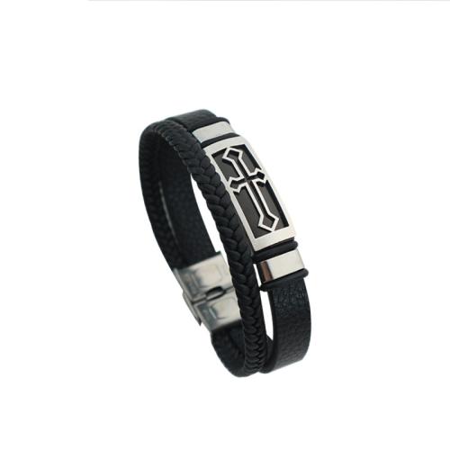 PU Leather Cord Bracelets, Titanium Steel, with PU Leather, fashion jewelry & for man Approx 21.5 cm 