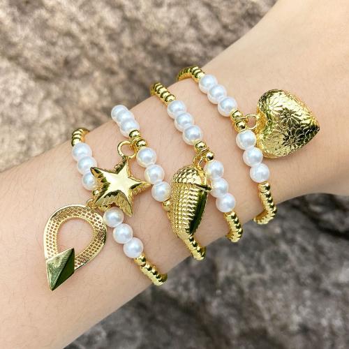 Brass Bracelets, with Plastic Pearl, gold color plated, fashion jewelry golden 