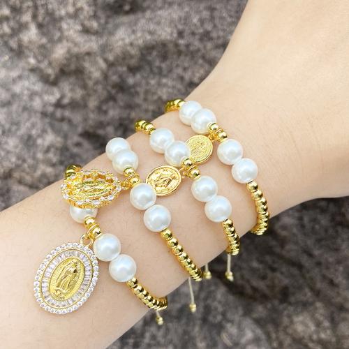 Cubic Zirconia Micro Pave Brass Bracelet, with Plastic Pearl, gold color plated, fashion jewelry & micro pave cubic zirconia, golden [