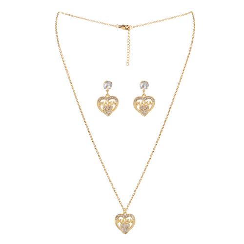 Jewelry Gift Sets, Iron, Stud Earring & necklace, Heart, 2 pieces & fashion jewelry & for woman & with rhinestone, gold 