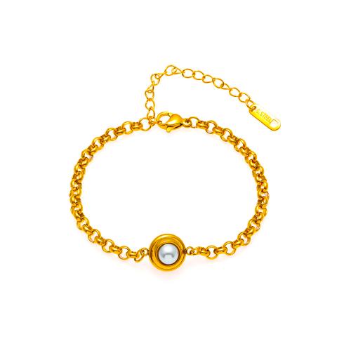 Partículas de acero Pulsera, con Perlas plásticas, con 5cm extender cadena, Joyería & para mujer, dorado, longitud:aproximado 17 cm, Vendido por UD