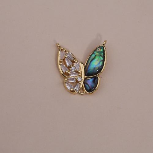 Joyería conector de concha, metal, con Nácar, Mariposa, 18K chapado en oro, Bricolaje & micro arcilla de zirconia cúbica & 2/1 aro, más colores para la opción, 17x19mm, Vendido por UD