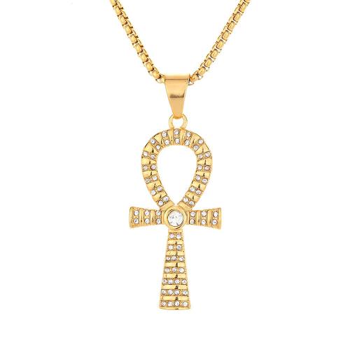 Stainless Steel Cross Pendants, 316 Stainless Steel, fashion jewelry & Unisex & with rhinestone, golden 