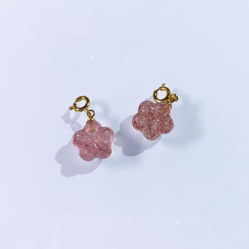 Natural Quartz Pendants, Strawberry Quartz, with Brass, Flower, DIY, pink, 12mm 