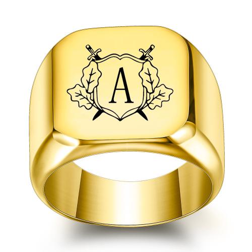 Anillo de dedo de acero Titanium de, Partículas de acero, chapado, Letras son de la A la Z & diverso tamaño para la opción & diferentes patrones para la opción & para hombre, dorado, Vendido por UD