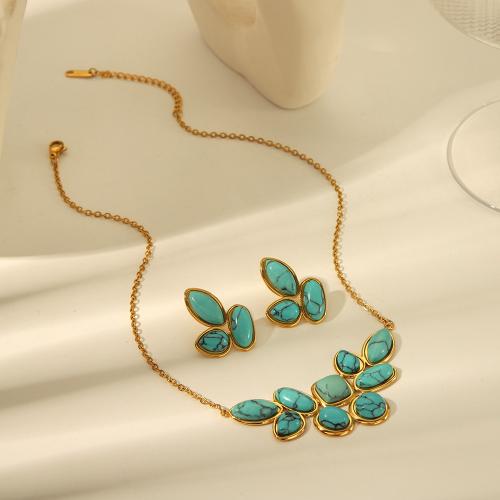 Turquoise Stainless Steel Jewelry Sets, 304 Stainless Steel, with turquoise, fashion jewelry & for woman, golden 