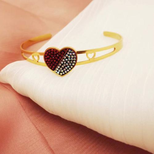 Stainless Steel Cuff Bangle, 304 Stainless Steel, Heart, Vacuum Ion Plating, fashion jewelry & for woman & with rhinestone, mixed colors, 17mm, Inner Approx 65mm [