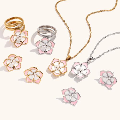 Enamel Stainless Steel Jewelry Sets, 304 Stainless Steel, with Plastic Pearl, petals, Vacuum Ion Plating & for woman 