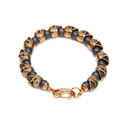 Negro Pulsera de piedra, acero inoxidable 304, con Piedra Negra, Calavera, Recubrimiento iónico al vacío, Joyería & para hombre, más colores para la opción, 10mm, longitud:22 cm, Vendido por UD