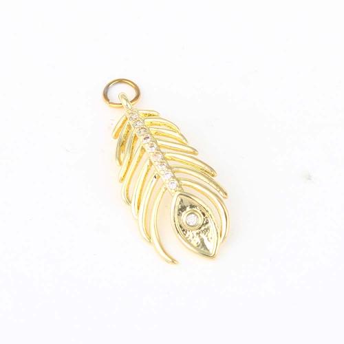 Colgante de Micro Pavé de Zirconía Cúbica, metal, Pluma, chapado en color dorado, Bricolaje & micro arcilla de zirconia cúbica, 25.8x12.1x4.7mm, Vendido por UD