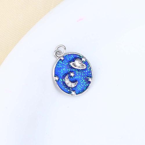 Enamel Brass Pendants, Round, silver color plated, DIY, blue 