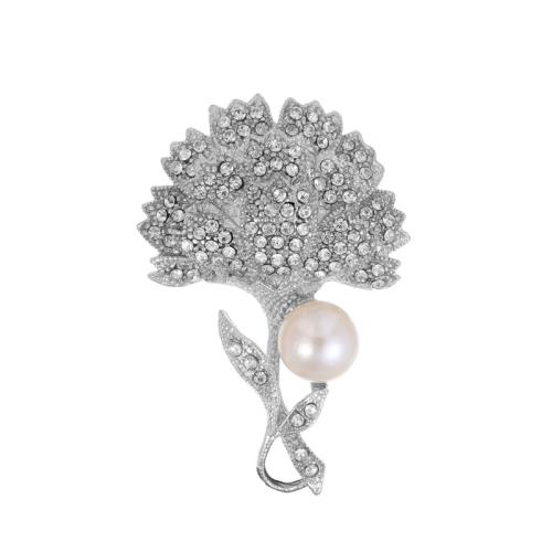 Rhinestone Zinc Alloy Brooch, with Plastic Pearl, Flower, fashion jewelry & Unisex & with rhinestone, platinum color 