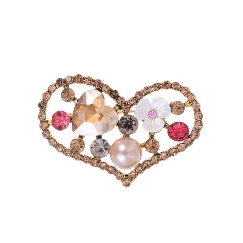 Rhinestone Zinc Alloy Brooch, with Plastic Pearl, Heart, fashion jewelry & Unisex & with rhinestone, antique gold color 