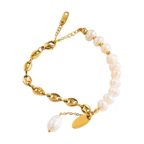 Titanio Acero Pulseras y brazaletes, Partículas de acero, con Perlas plásticas, Joyería & diferentes estilos para la opción & para mujer, dorado, Vendido por UD