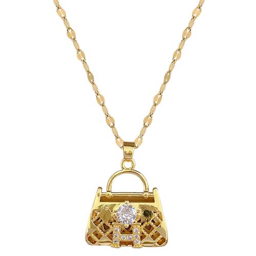 Acier titane collier, avec laiton, avec 2inch chaînes de rallonge, sac à main, Placage de couleur d'or, pavé de micro zircon & pour femme Environ 15.7 pouce, Vendu par PC