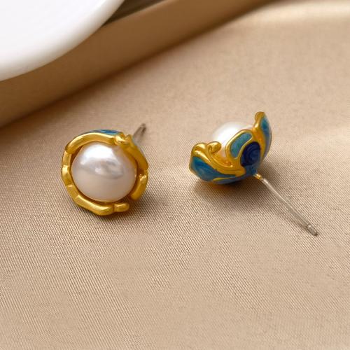 Plastic Stud Earring, Brass, with Plastic Pearl, fashion jewelry & for woman & enamel, golden 