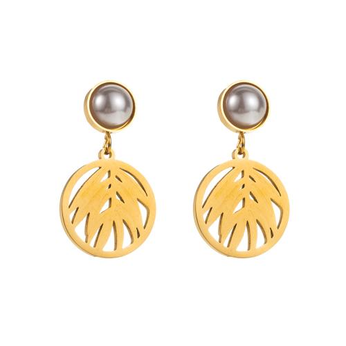 Boucles d'oreilles en acier titane, avec coquille & cristal, bijoux de mode & styles différents pour le choix & pour femme, Or, Vendu par paire