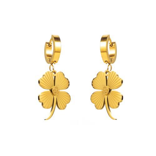 Boucles d'oreilles en acier titane, Trèfle à quatre feuilles, bijoux de mode & styles différents pour le choix & pour femme, Or, Vendu par paire