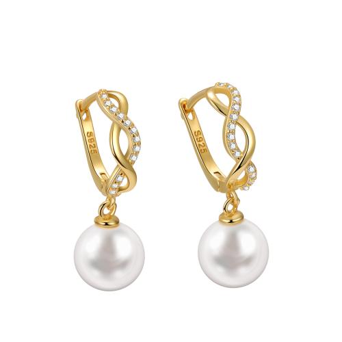 Silver Earring Zircon pavent Sterling, argent sterling 925, avec Shell Pearl, pavé de micro zircon & pour femme, doré Vendu par PC